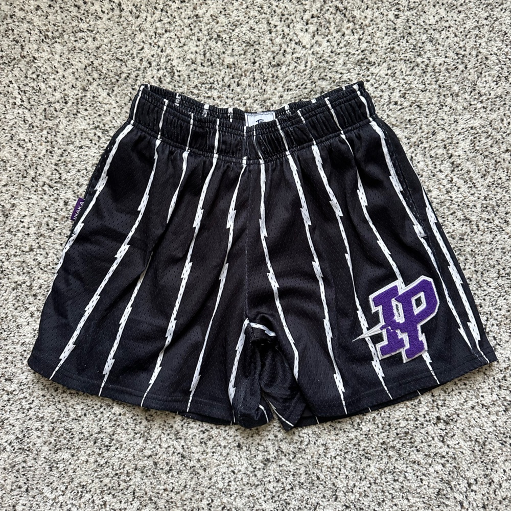 Inaka Power Black Shorts with White Stripes and Purple Logo